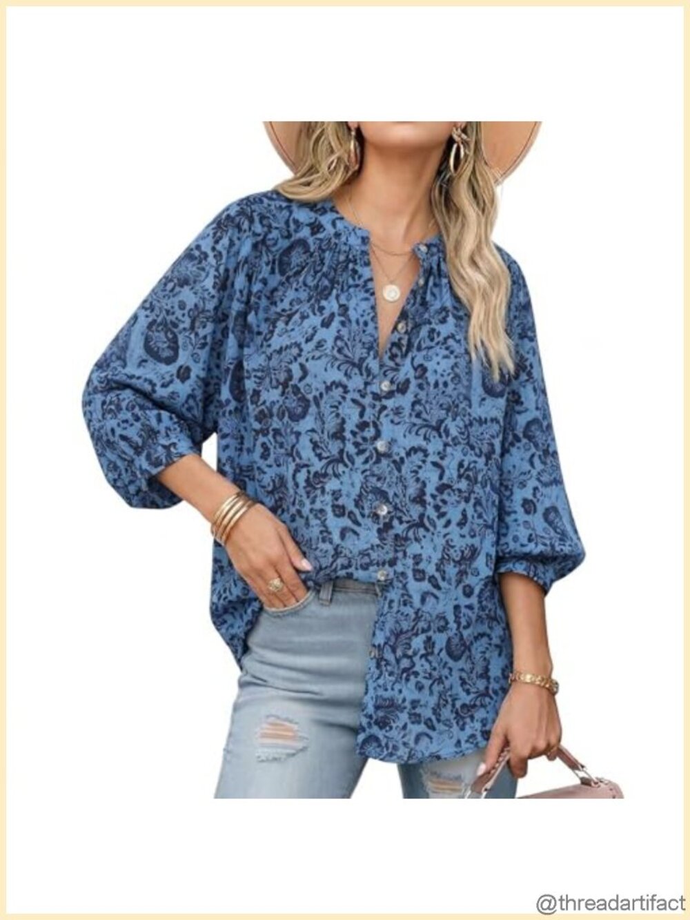 Womens Boho Button Down Floral Blouse 3/4 Batwing Sleeve V Neck Dressy Casual